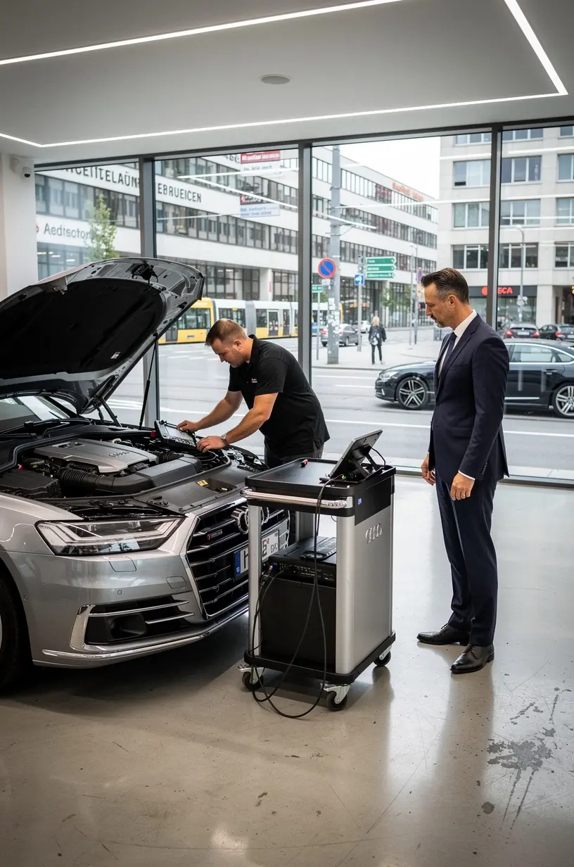Kundengespräch in einem stilvollen Empfangsbereich eines deutschen Luxusfahrzeug-Servicezentrums.